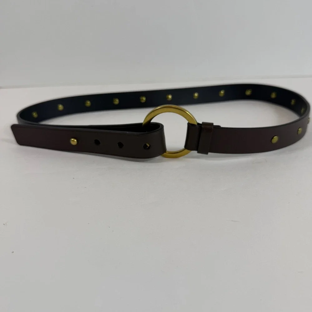 CAbi Leather Studded O-Ring Belt Brown‎ Brass Tone S/M Boho Minimalist